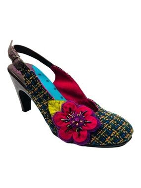 Cydney Mandel Multi Woven Tweed Fuchsia Felt Flower Rockabilly Slingback Pumps